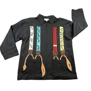 Cedars M Black Zip Jacket Art Suspenders Embroidered Front/Back Pockets